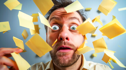 A man is surrounded by yellow paper and has his eyes wide open. Concept of chaos, as the man is surrounded by a large number of papers. a man stares at himself with large post-it notes.