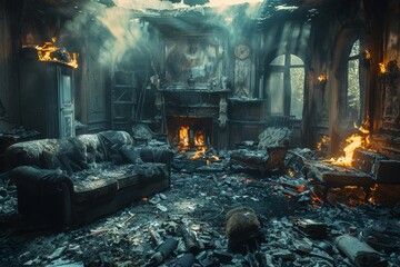 A visually compelling image showing a once-luxurious room now being consumed by fire and smoke