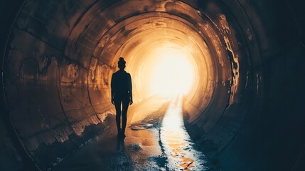 girl standing in a dark tunnel - obrazy, fototapety, plakaty