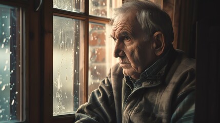 An old man sits by the window and stares outside, lost in thought - obrazy, fototapety, plakaty