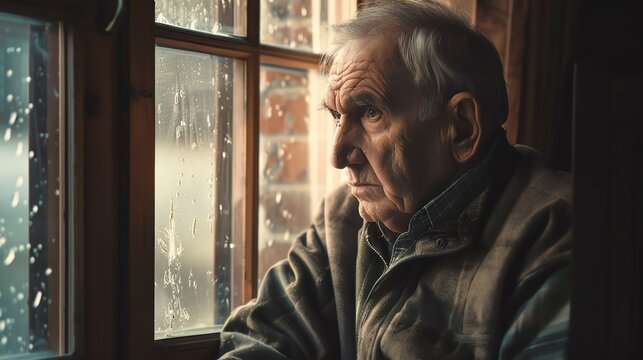 An old man sits by the window and stares outside, lost in thought