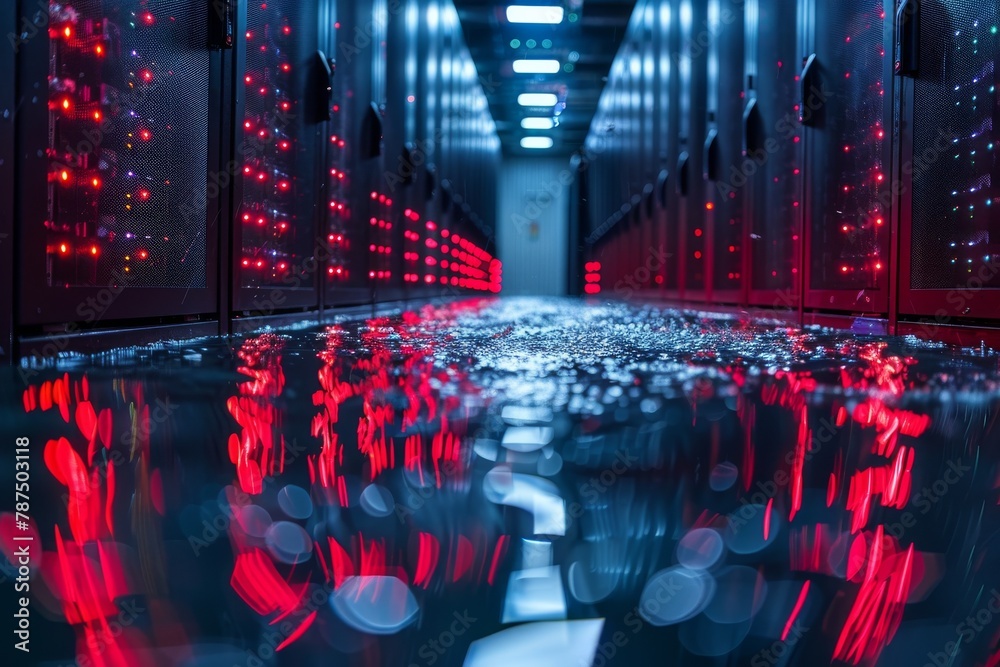 Poster captivating close-up image portraying a data center aisle with illuminated red server racks