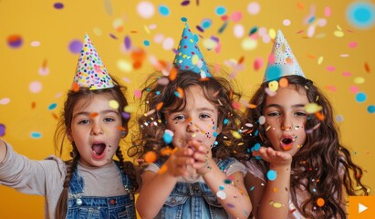Three Little Girls With Party Hats and Confetti