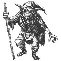 goblin mage or necromancer with staff images using Old engraving style