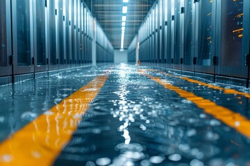 The image showcases a vibrant and reflective interior of a data center, with bold yellow stripes leading down the aisle