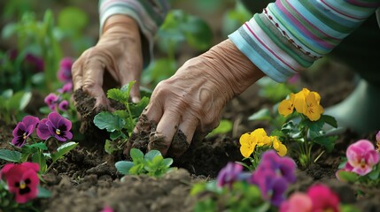 A senior woman is planting colorful flowers in the garden. She is carefully digging a hole in the soil and placing the flowerè‹— in it.