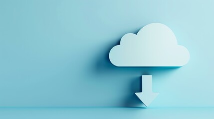 A 3D rendering of a blue cloud with an arrow pointing down. The cloud is on the right side of the image, and the arrow is on the left side.