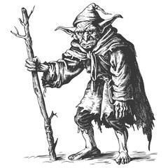 Fototapeta na wymiar goblin mage or necromancer with staff images using Old engraving style