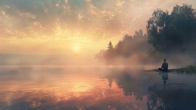 A man sits in a yoga pose on a rock in the middle of a lake and meditates as the sun rises over the trees