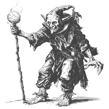 goblin mage or necromancer with magical staff images using Old engraving style