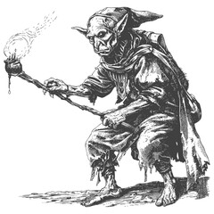 goblin mage or necromancer with magical staff images using Old engraving style