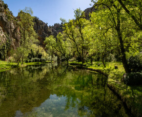 Long exposure photographs of the stone monastery waterfalls (Zaragoza-Spain) - 787503369