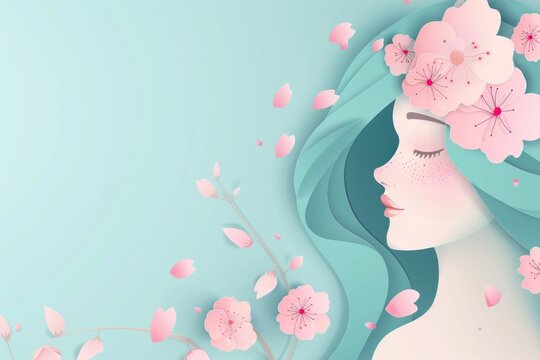 WINDER STYLE shopping blue haired woman with a pink flowers banner template for women's day or Mother's Day celebration greeting card. Vector cut paper art illustration of a beautiful girl profile por