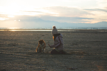 A young girl with a dog in nature. Kid girl playing with a shiba inu dog on the beach at sunset in Greece in winter - 787503707