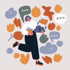 Cartoon vector illustration of woman office worker adds file to big folder. Storage and indexing of information. Business woman holds paper document. User and data archive. Database, searching