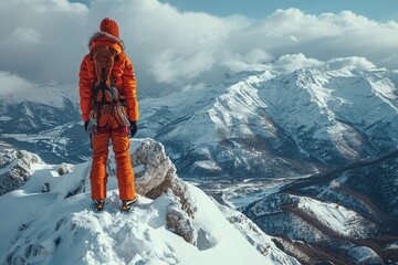 In a contemplative moment, a lone climber surveys the vast, snowy mountain range, capturing the majesty of nature