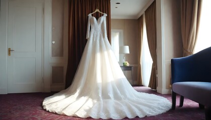 wedding dress in the interior of the hotel, prepared for the ceremony. Wedding dress with sleeves and closed shoulders
