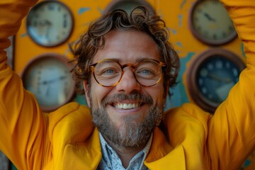 A man with glasses, smiling warmly, arms raised, with multiple clocks in the background