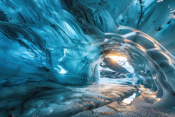 setting sun shines inside a glacier cave in the mountains