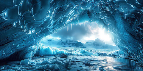beautiful view from inside a glacier cave in the mountains
