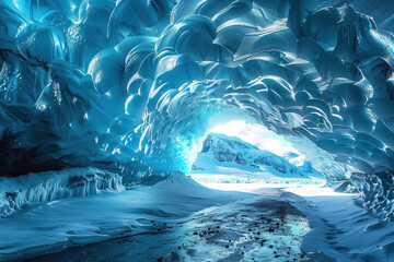 view inside an ice cave with rock ceiling and perennial year-round ice