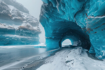 cold landscape with grottoes and arches on the edge of a melting glacier on the shore