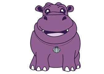 Illustration cute purple hippopotamus with a sea shell necklace