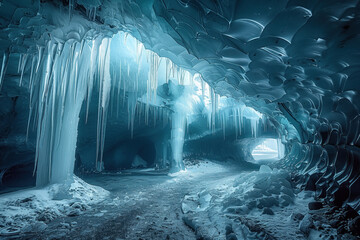 view from inside a glacier cave with a vertical well in the ceiling