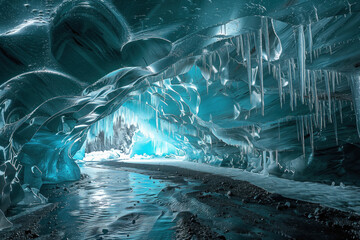 glacier cave formed by flows of water inside a melting glacier