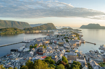 Aerial view at sunset of the city of Alesund, Norway
