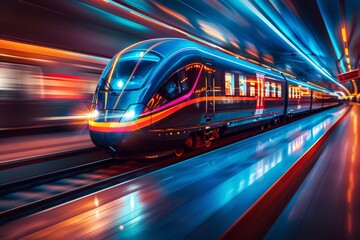 Fototapeta premium This vibrant image shows a sleek, futuristic train speeding through a station illuminated by neon lights, emphasizing movement and progress