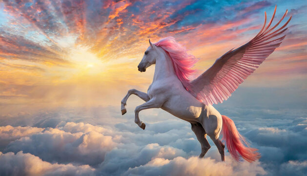 Winged pink Pegasus, mythical creature from Greek mythology, sky at sunset in the clouds.