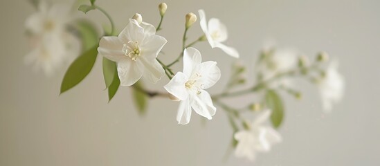 Delicate spring flowers on a white jasmine branch.