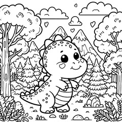 Cartoon dragon in the forest. Children coloring book an ancient animal. Raster, generative ai.