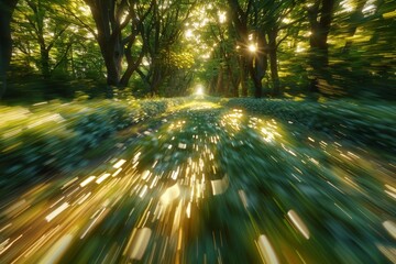 An ethereal image portraying the illusion of speed with light trails against the backdrop of a green enchanted forest setting