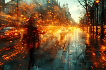 A bustling city street with streaming lights and motion blur that captures the fast pace of urban life