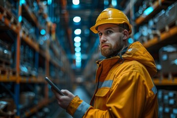 Focused young man in orange safety vest and yellow hard hat uses a tablet in a warehouse setting