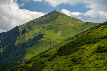 Close up view at green mountain peak in West Tatra Mountains. Starorobocianski Wierch in summer...
