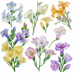 Gorgeous watercolor pack featuring Freesias bouquets, single flowers, and elements in soft pastel hues. Ideal for invitations, cards, and floral-themed designs.