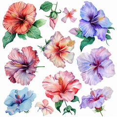 Exquisite watercolor pack featuring hibiscus flower bouquets, single blooms, and elements in soft pastel hues. Ideal for tropical designs, invitations, and botanical-themed artwork. - obrazy, fototapety, plakaty