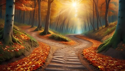 Photo of beautiful scene in forest. winding dirt path meanders through the middle of the surrounded by fallen leaves