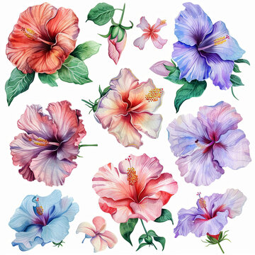 Exquisite watercolor pack featuring hibiscus flower bouquets, single blooms, and elements in soft pastel hues. Ideal for tropical designs, invitations, and botanical-themed artwork.