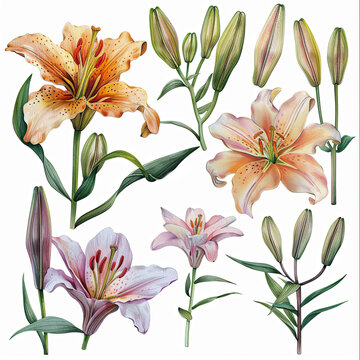 Elegant watercolor illustrations of lilies in various arrangements, ideal for creating sophisticated wedding stationery, greeting cards, and art prints.