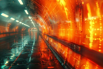 This image depicts a vibrant orange tunnel with a futuristic feel, dynamic light patterns, and a sense of motion conveying energy