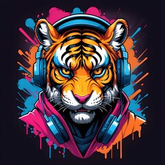 Vibrant Tiger with Headphones: Urban Style Artwork