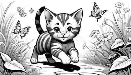 Striped Kitten Frolics in a Flowery Monochrome Meadow