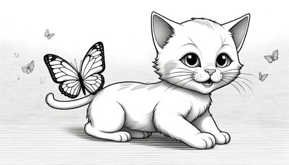 Little Kitten Relaxing with a Butterfly Companion on a Striped Background