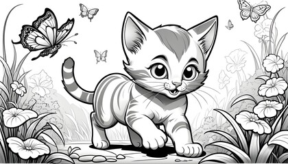 Curious Kitten Exploring a Flower Garden with Butterflies