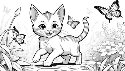 Sketch of Kitten Adventuring Among Flowers and Butterflies