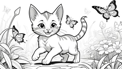 Obraz premium Sketch of Kitten Adventuring Among Flowers and Butterflies